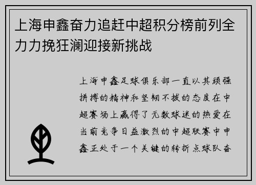 上海申鑫奋力追赶中超积分榜前列全力力挽狂澜迎接新挑战