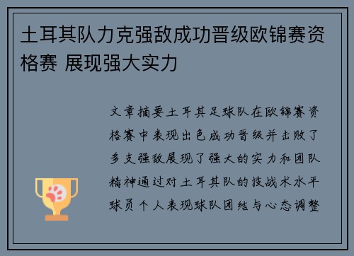 土耳其队力克强敌成功晋级欧锦赛资格赛 展现强大实力