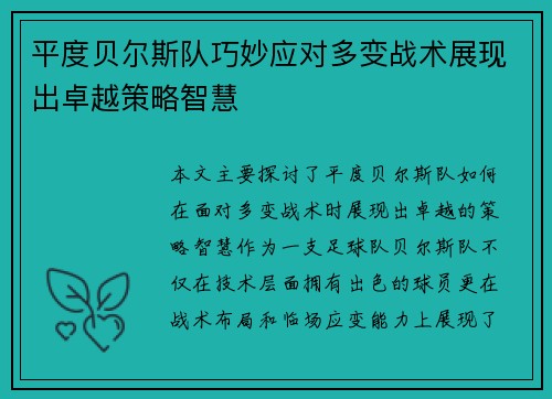 平度贝尔斯队巧妙应对多变战术展现出卓越策略智慧