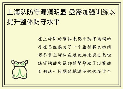 上海队防守漏洞明显 亟需加强训练以提升整体防守水平