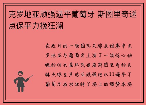 克罗地亚顽强逼平葡萄牙 斯图里奇送点保平力挽狂澜