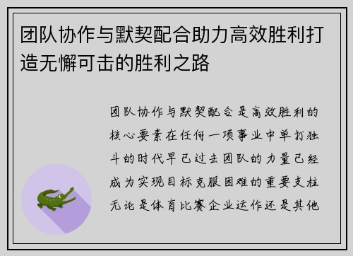 团队协作与默契配合助力高效胜利打造无懈可击的胜利之路
