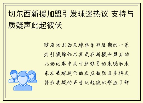 切尔西新援加盟引发球迷热议 支持与质疑声此起彼伏
