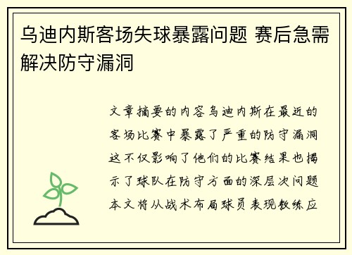 乌迪内斯客场失球暴露问题 赛后急需解决防守漏洞