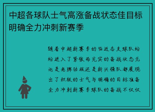 中超各球队士气高涨备战状态佳目标明确全力冲刺新赛季